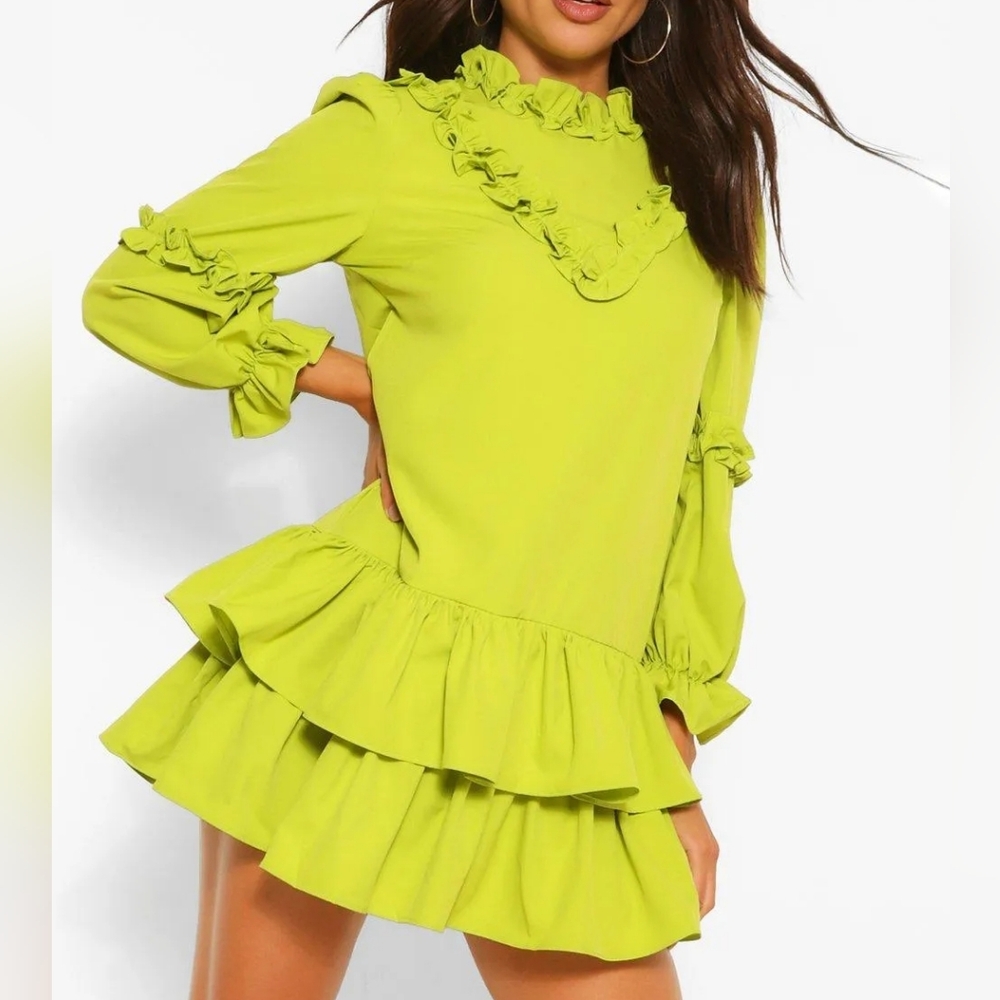 Green Ruffled Long Sleeve Womens Dress